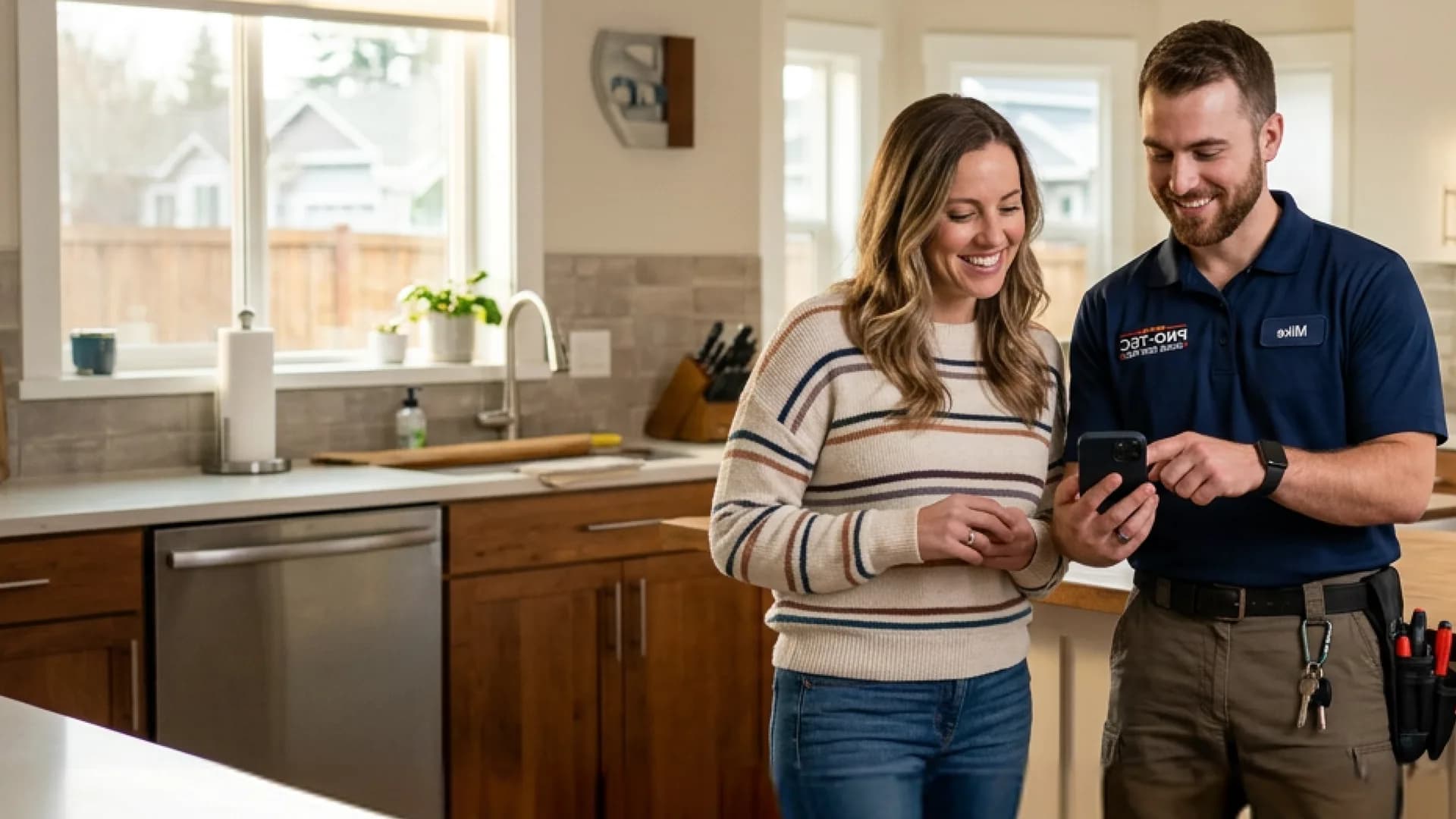 Service pro reviewing the Shipshape app with a homeowner