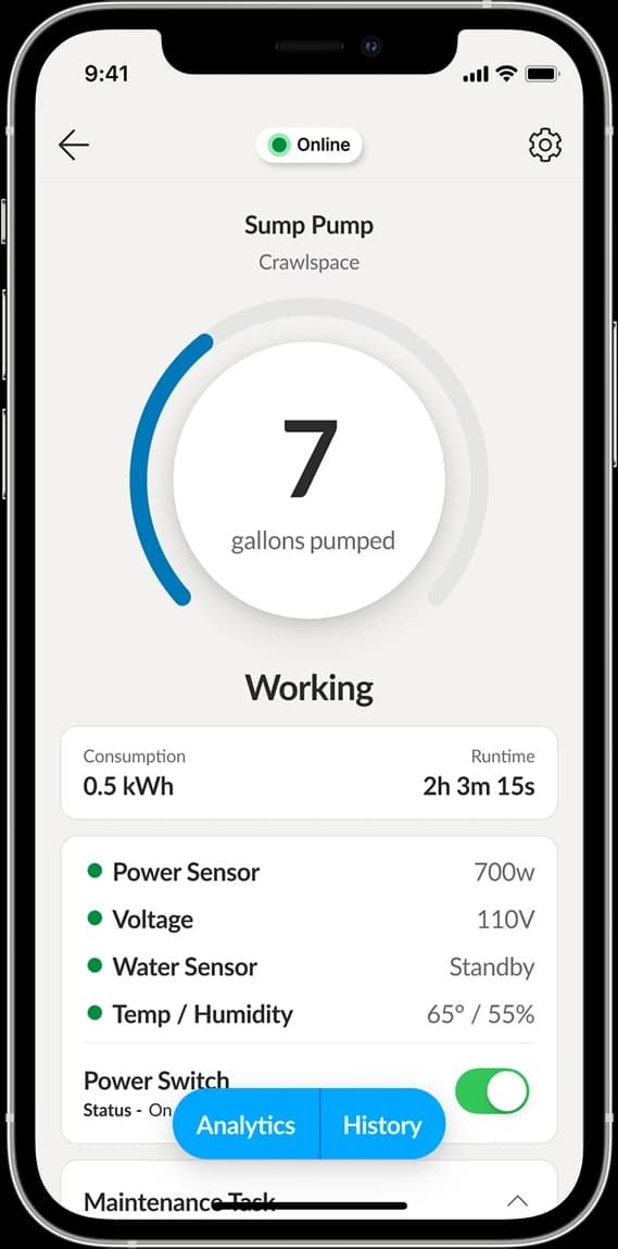 Shipshape app, sump pump monitoring screen