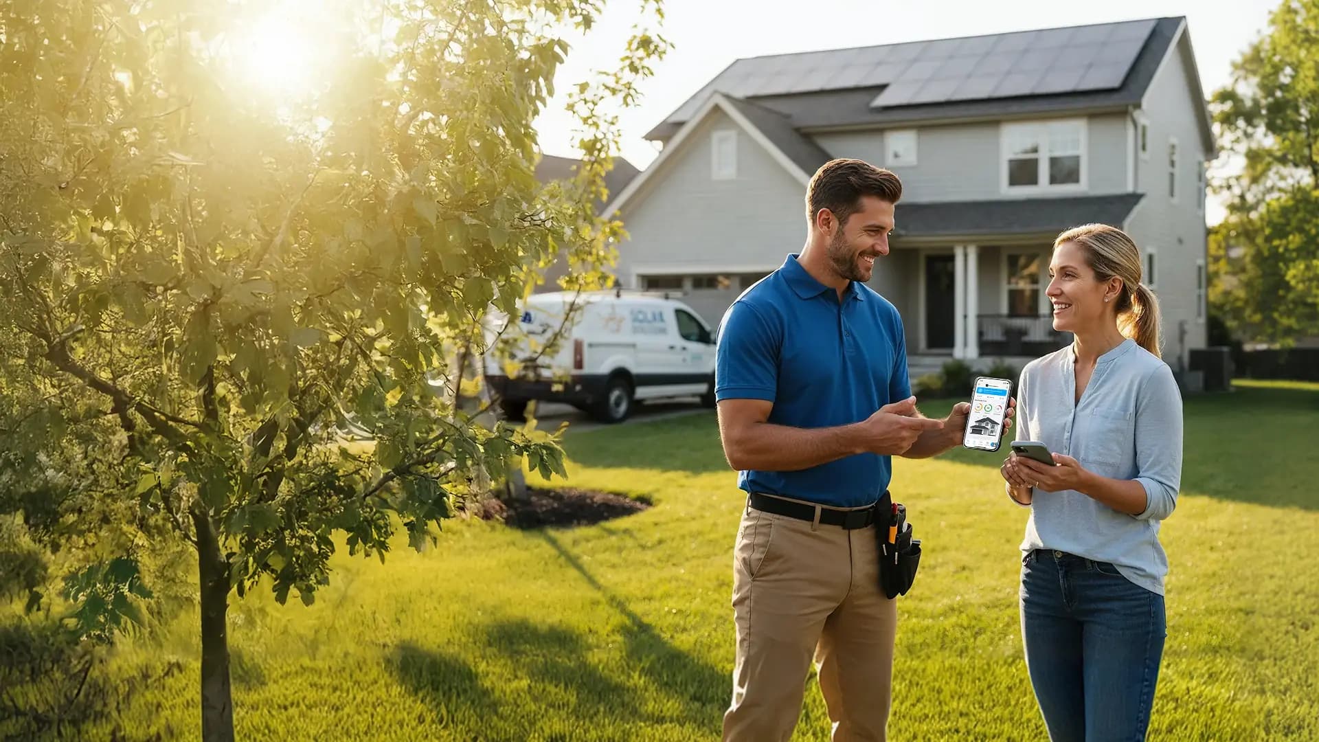 Service pro with homeowner reviewing Home Health Score results
