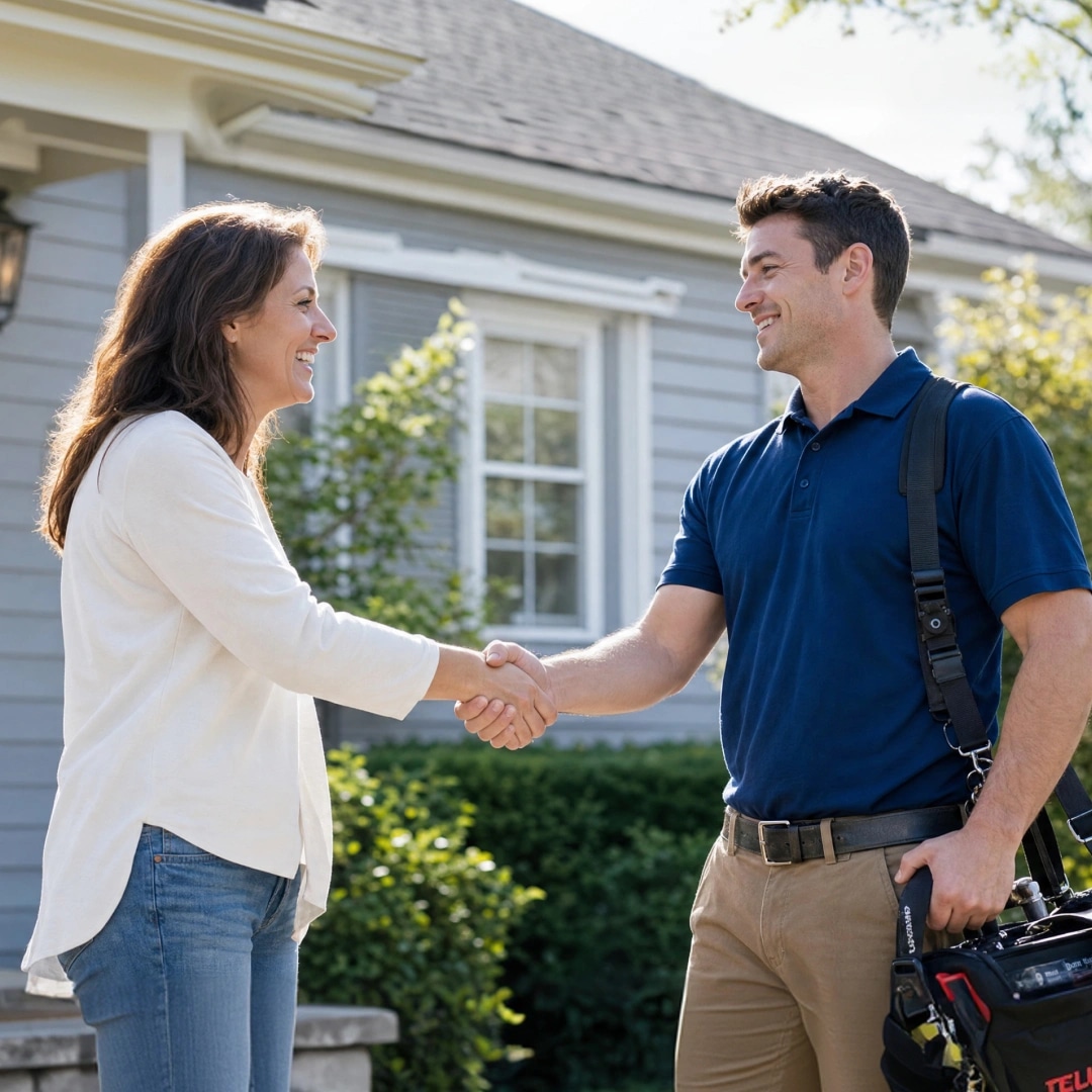 A Shipshape technician and a homeowner shaking hands at the front door