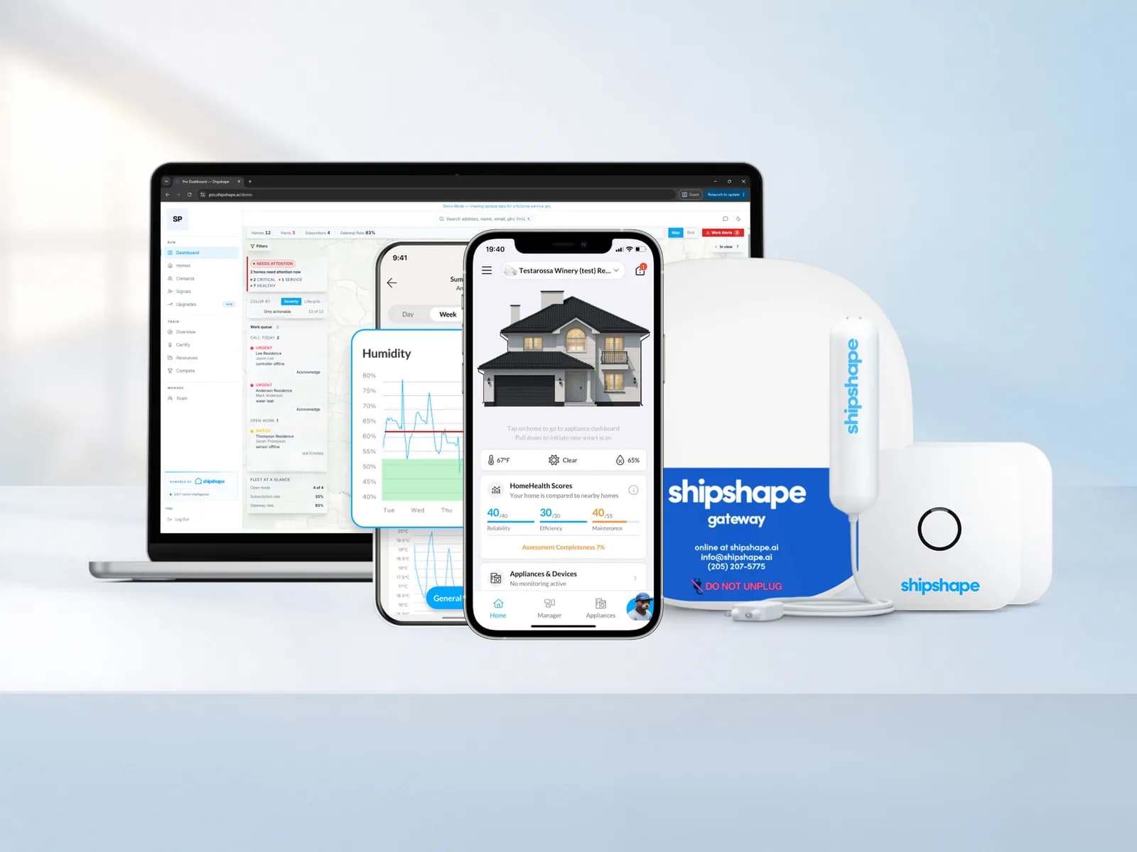 The Shipshape platform: pro dashboard on a laptop, homeowner app on two phones, the gateway and snap-on sensors