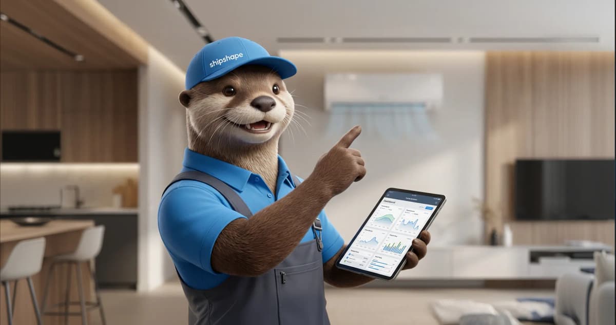 SAM — Shipshape AI assistant holding a tablet with home analytics