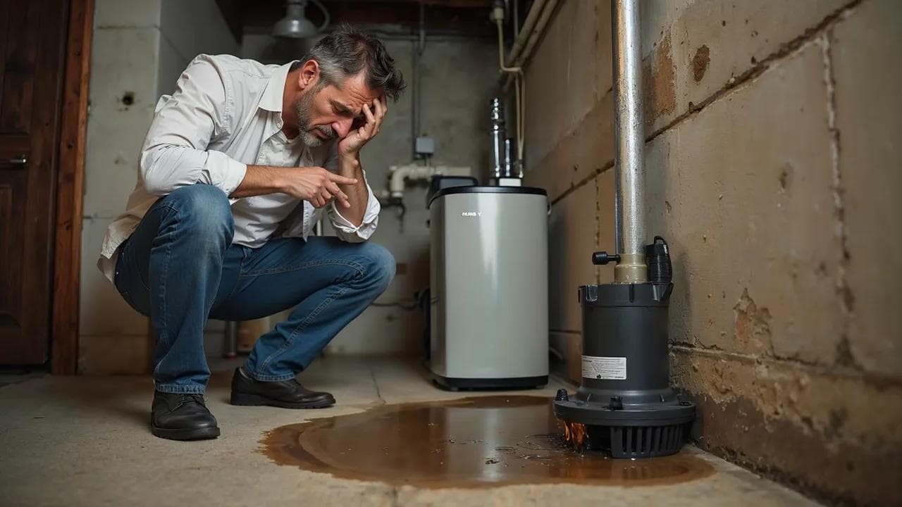 Homeowner dealing with sump pump leak in basement