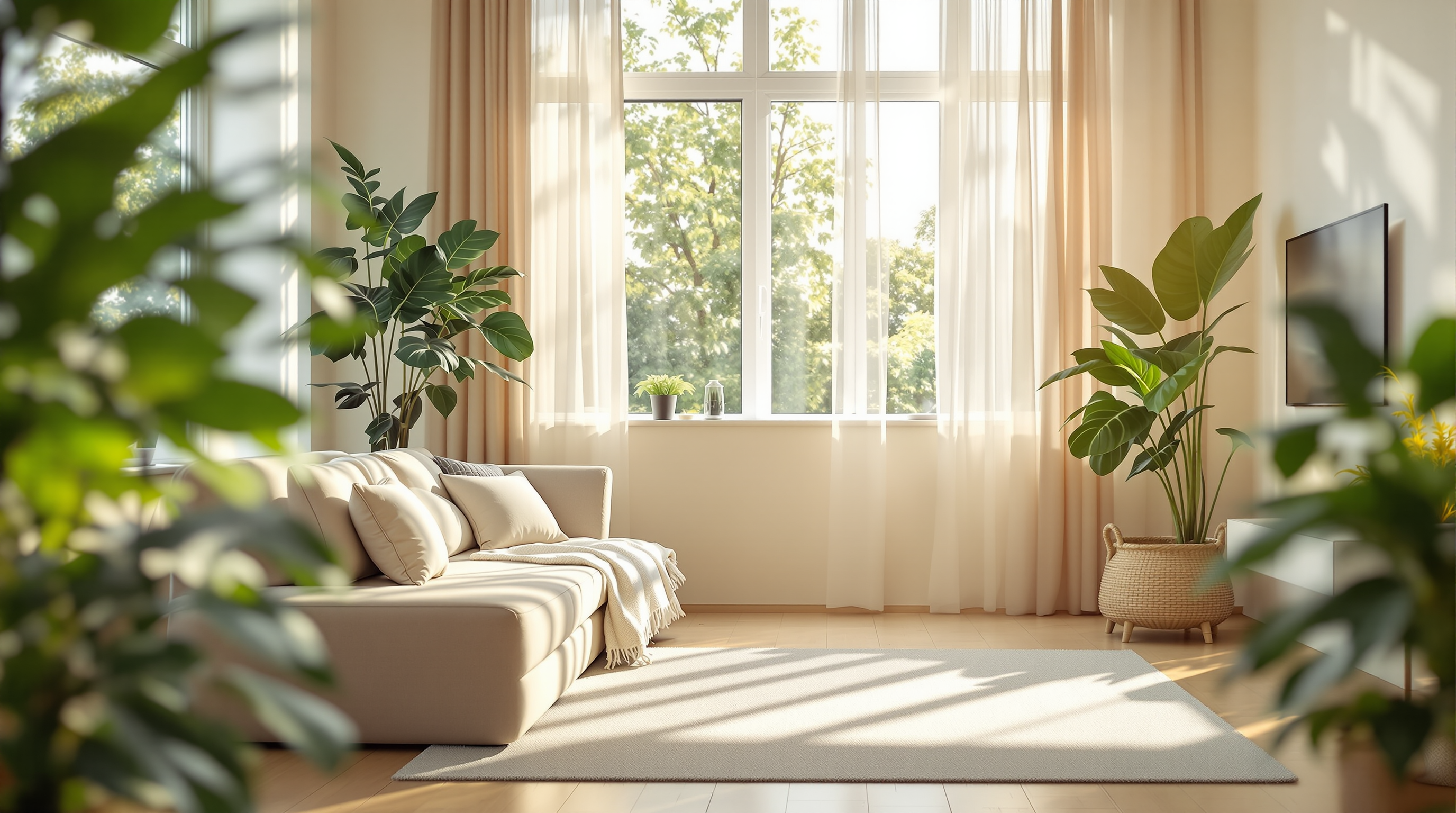 A bright, airy living room full of natural light and healthy green plants, the picture of a fresh, mold-free home