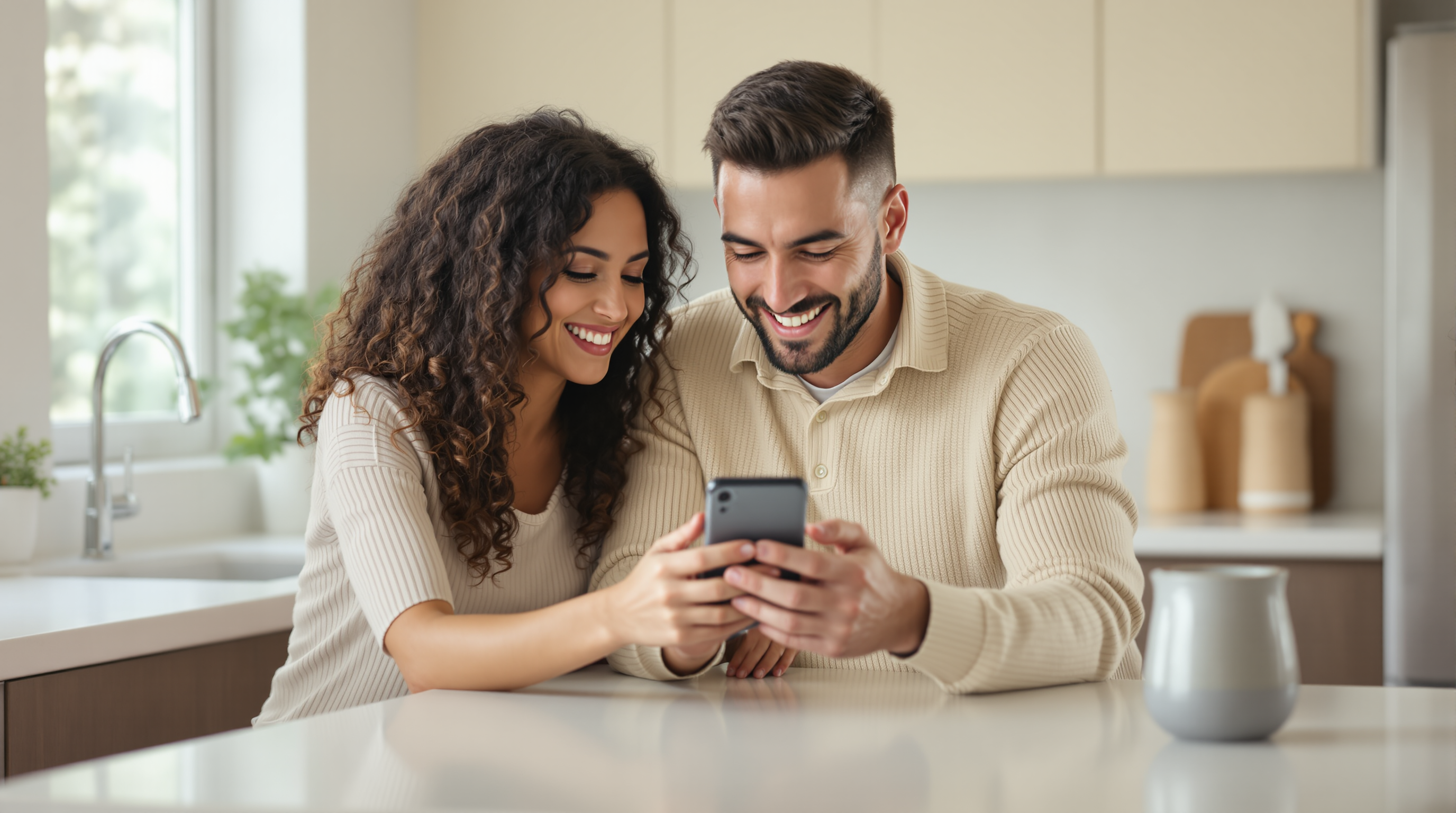 A couple at a kitchen counter sharing a phone — adding a family member to a shared Shipshape home