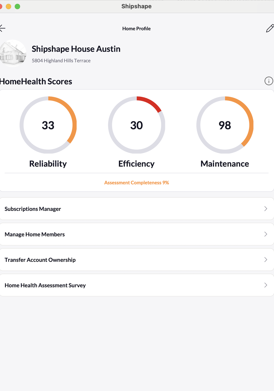 Home Profile screen showing the house name, Home Health Score dials for Reliability, Efficiency, and Maintenance, followed by options including Subscriptions Manager, Manage Home Members, Transfer Account Ownership, and Home Health Assessment Survey