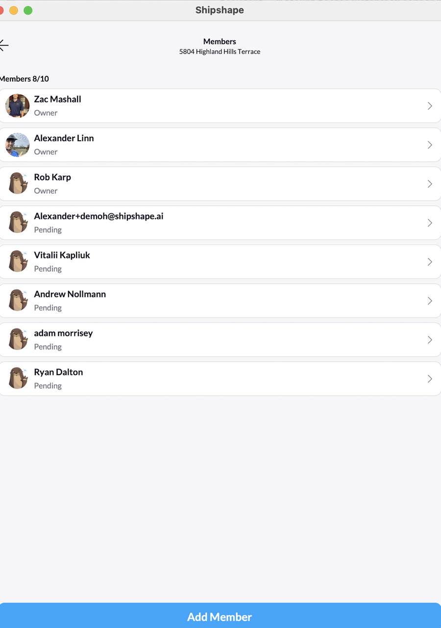 Members list screen showing 7 of 10 spots used, members labeled as Owner or Pending, and a blue Add Member button at the bottom