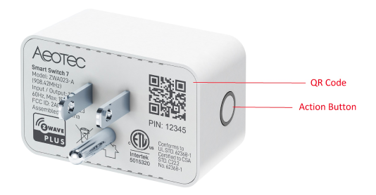 A smart plug with callouts pointing to the QR code and the action button, and the PIN code printed on the device