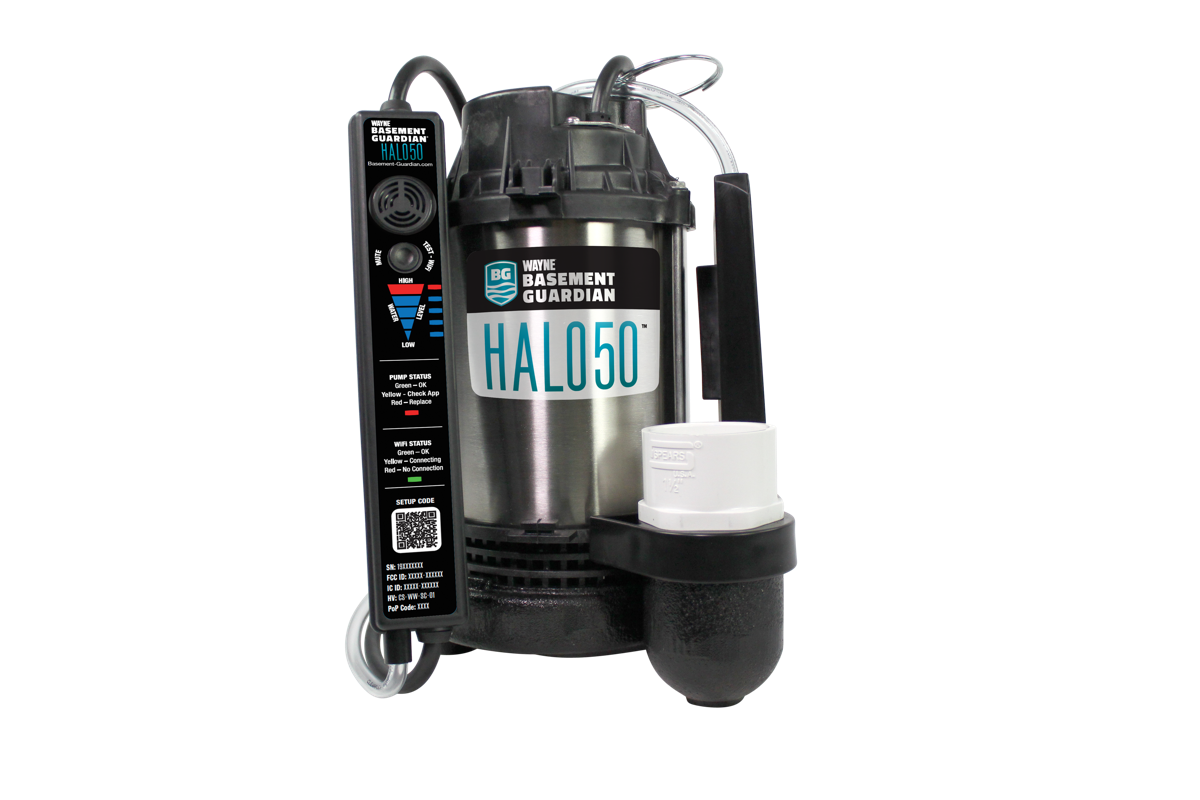 Wayne Basement Guardian HALO50 smart submersible sump pump with its digital controller, shown on a white background